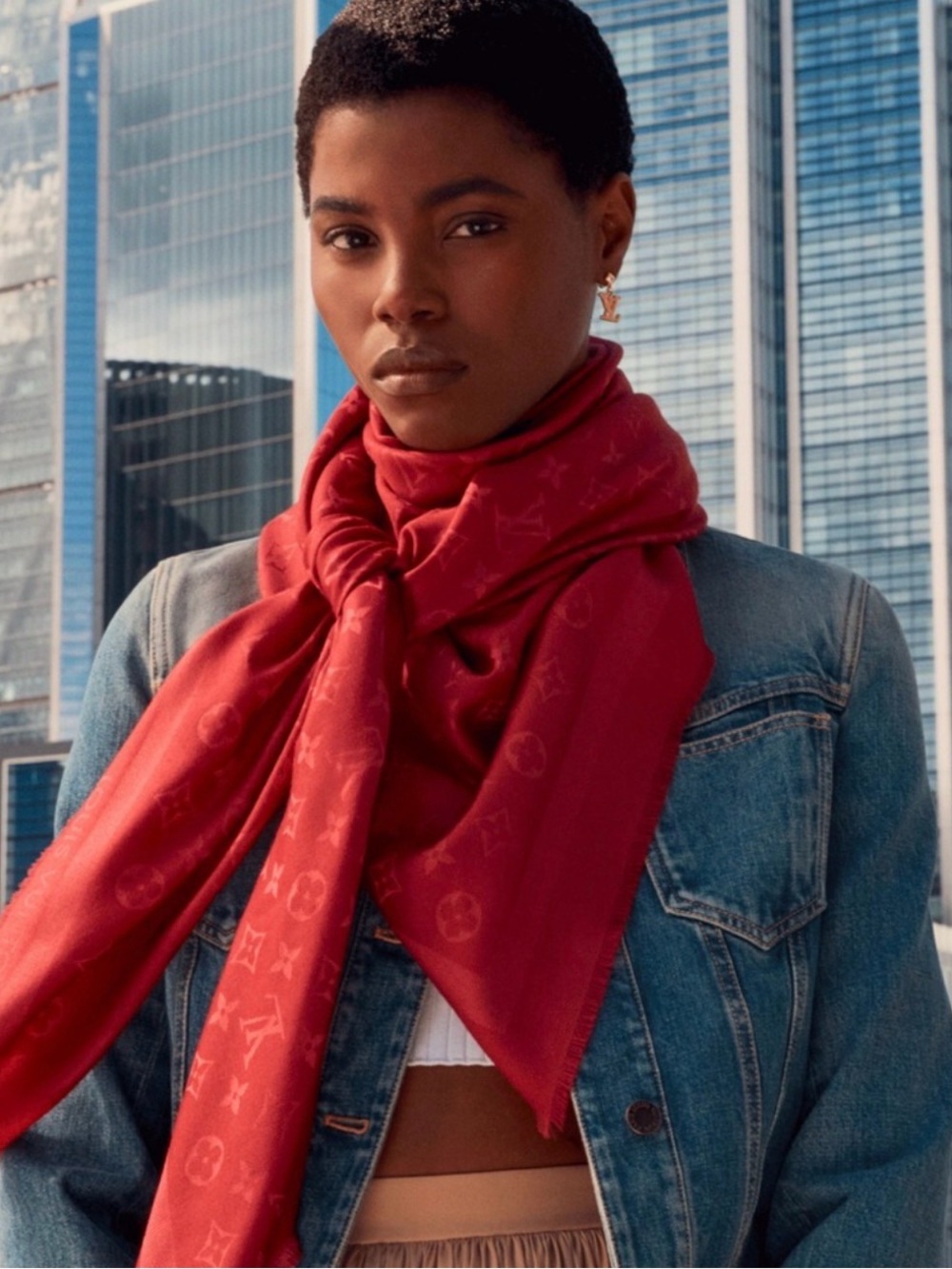 Authentic Louis Vuitton Red Monogram Silk Scarf